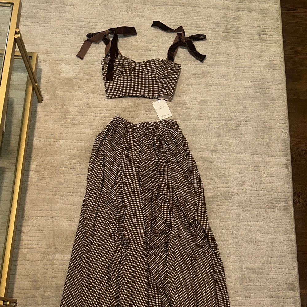 Reformation Brown and White Gingham Crop Top and matching skirt